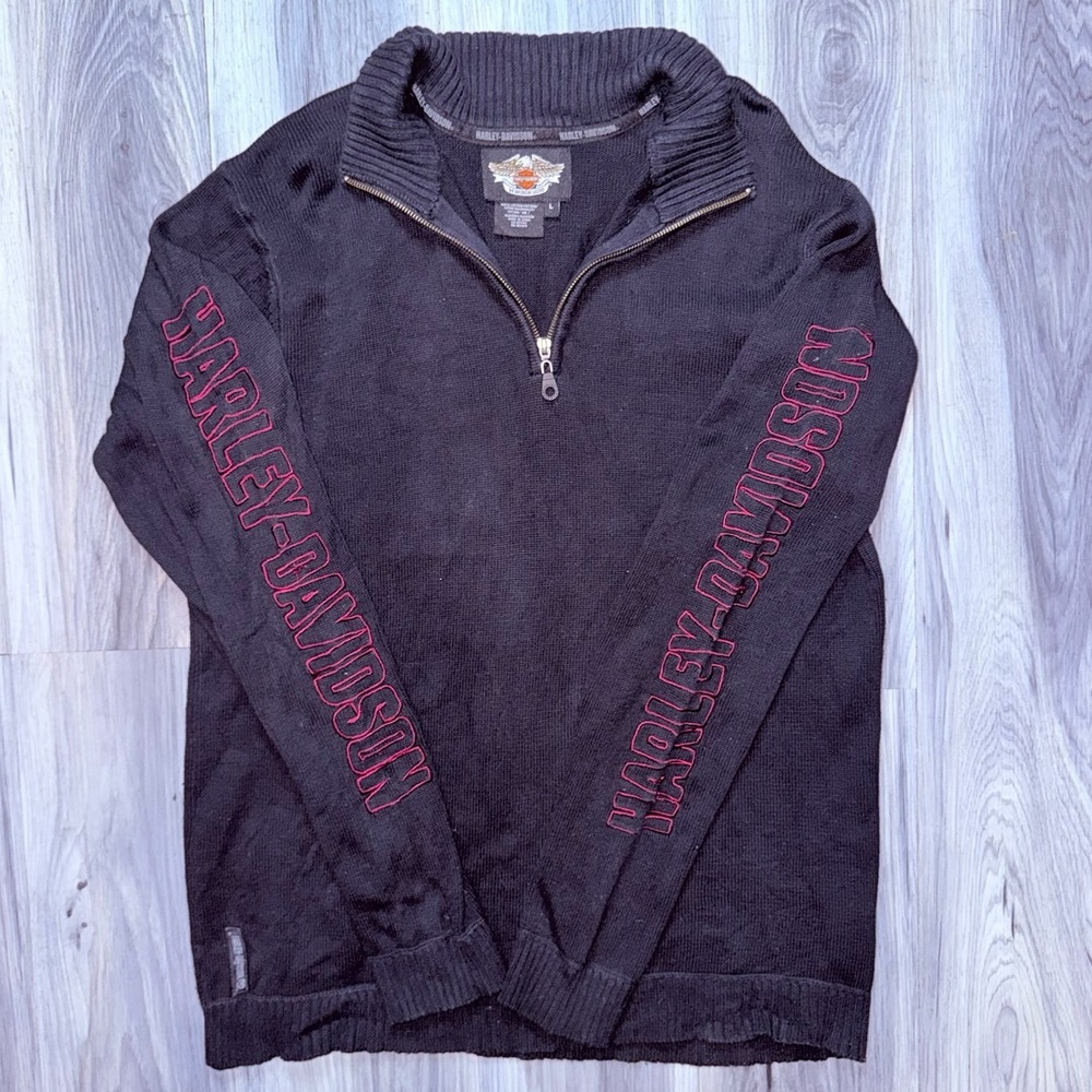 Harley Davidson Pullover Men's L Large Black 1/4 Zip Heavyweight Red Embroidery
